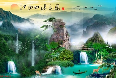 File ảnh Tranh sơn thủy thác nước phong thủy ST1452 (gốc) trang trí khách sạn