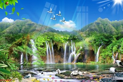 File tranh Tranh sơn thủy thác nước phong thủy ST1457 (gốc) in trên kính