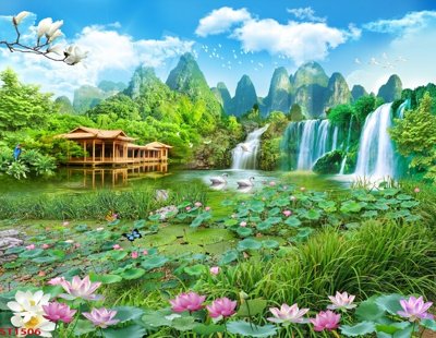 Tải file Tranh sơn thủy thác nước phong thủy ST1506 (gốc) in tranh tráng gương