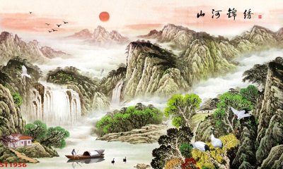 File tranh trang trí Tranh sơn thủy thác nước phong thủy ST1956 (file gốc)