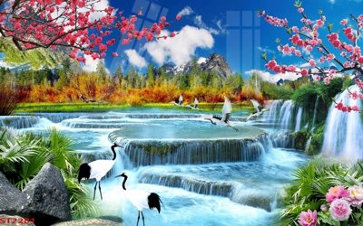 File gốc Tranh sơn thủy thác nước phong thủy ST2281 (in lụa) tranh mã đáo
