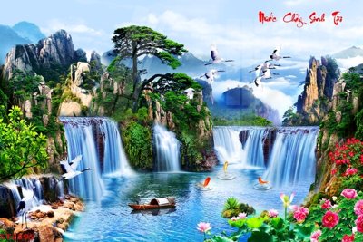 File gốc Tranh sơn thủy thác nước phong thủy ST2295 (in lụa) tranh phong thủy