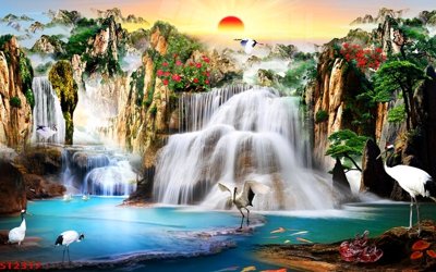 File gốc Tranh sơn thủy thác nước phong thủy ST2317 (in lụa) hoa văn cổ điển