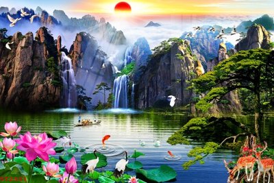 File in lụa Tranh sơn thủy thác nước phong thủy ST2331 (chất lượng cao) Tranh sơn thủy thác nước phong thủy ST2331