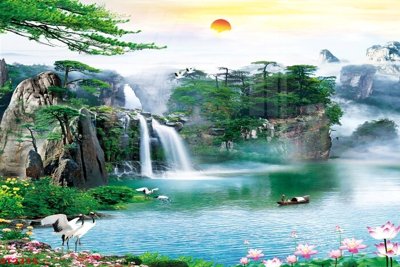 File gốc in tráng gương Tranh sơn thủy thác nước phong thủy ST2335 chi tiết