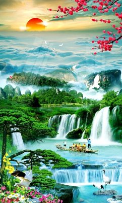 File PSD Tranh sơn thủy thác nước phong thủy ST2366 (gốc) nhiều lớp (multi-layer)