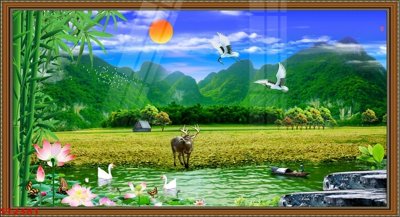 File ảnh Tranh sơn thủy thác nước phong thủy ST2381 (gốc) in quảng cáo ngoài trời