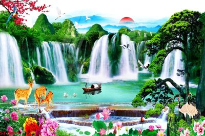Download file Tranh sơn thủy thác nước phong thủy ST2405 (gốc) in mica cao cấp