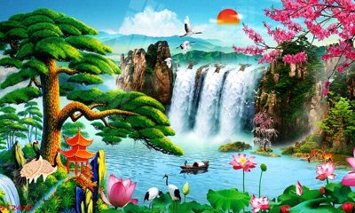 Hình ảnh file gốc in lụa Tranh sơn thủy thác nước phong thủy ST2410