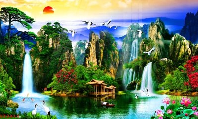 Hình ảnh file gốc in trần nhà Tranh sơn thủy thác nước phong thủy ST2411