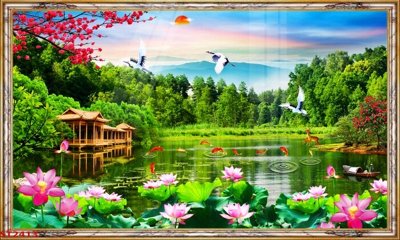 File tranh Tranh sơn thủy thác nước phong thủy ST2413 (file gốc) chủ đề phong thủy