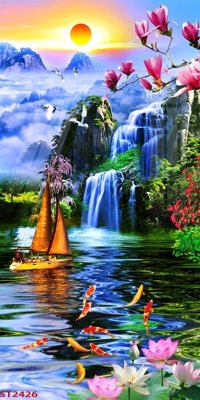 File gốc Tranh sơn thủy thác nước phong thủy ST2426 (in lụa) cao cấp