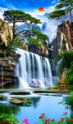 File gốc Tranh sơn thủy thác nước phong thủy ST2432 (in lụa) hoa văn cổ điển