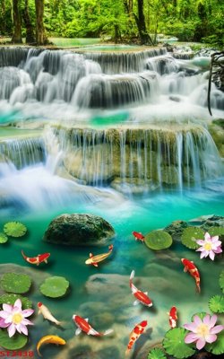 File in mica Tranh sơn thủy thác nước phong thủy ST2438 (bản gốc) làm vách ngăn