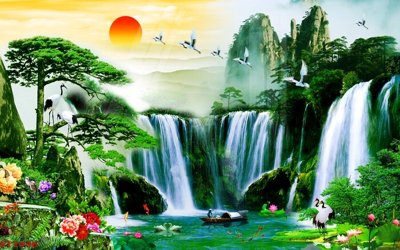 Ảnh mô tả file gốc in mica Tranh sơn thủy thác nước phong thủy ST2446