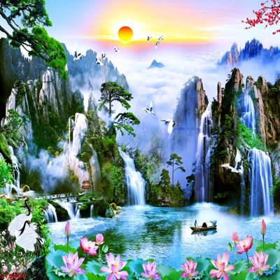 File tranh gốc Tranh sơn thủy thác nước phong thủy ST2462 chủ đề hiện đại