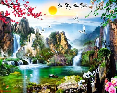 File gốc in ấn Tranh sơn thủy thác nước phong thủy ST2464 độ phân giải cao