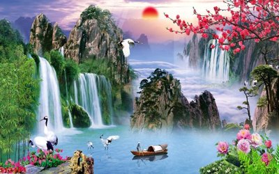 File in ấn Tranh sơn thủy thác nước phong thủy ST2484 (bản gốc) từ file gốc