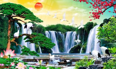 Tải file Tranh sơn thủy thác nước phong thủy ST2491 (gốc) chủ đề phong thủy