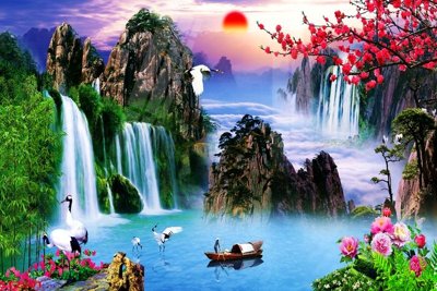 File tranh Tranh sơn thủy thác nước phong thủy ST2501 (bản gốc) trang trí văn phòng