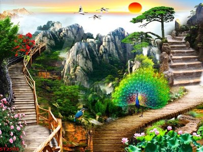 File gốc Tranh sơn thủy thác nước phong thủy ST2505 (phong cách) cổ điển