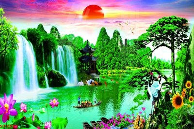File ảnh Tranh sơn thủy thác nước phong thủy ST2525 (gốc) cho trang trí nhà hàng