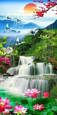 File ảnh Tranh sơn thủy thác nước phong thủy ST2534 (gốc) in backdrop sự kiện