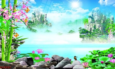 File gốc Tranh sơn thủy thác nước phong thủy ST2537 (in lụa) tranh phong thủy