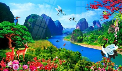 Ảnh gốc file in lụa Tranh sơn thủy thác nước phong thủy ST2564 chi tiết