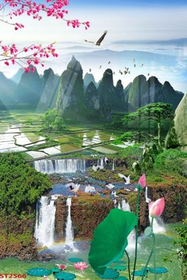 File in trần Tranh sơn thủy thác nước phong thủy ST2566 (file gốc) hoa văn 3D