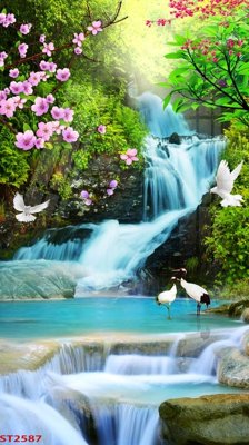 File in trần Tranh sơn thủy thác nước phong thủy ST2587 (bản gốc) mây trời