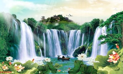 File PSD Tranh sơn thủy thác nước phong thủy ST2595 (bản gốc) cho nhà in