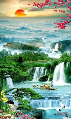 File tranh Tranh sơn thủy thác nước phong thủy ST2614 (gốc) chủ đề tĩnh vật