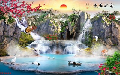 File gốc Tranh sơn thủy thác nước phong thủy ST2624 (in lụa) tranh phong thủy