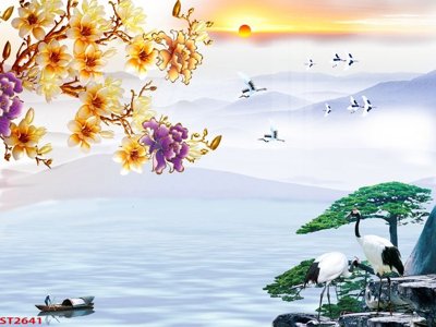 File tranh Tranh sơn thủy thác nước phong thủy ST2641 (file gốc) chủ đề phong thủy