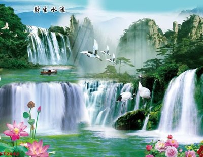File gốc Tranh sơn thủy thác nước phong thủy ST2642 (in lụa) tranh thuận buồm
