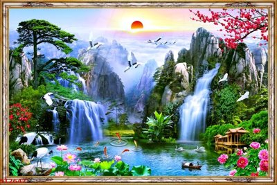 File tranh Tranh sơn thủy thác nước phong thủy ST2647 (gốc) chủ đề tĩnh vật