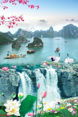 File gốc Tranh sơn thủy thác nước phong thủy ST2666 (phong cách) tối giản