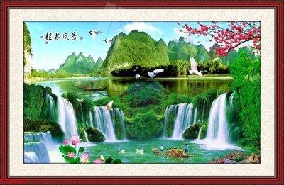 File tranh Tranh sơn thủy thác nước phong thủy ST2669 (gốc) in vải canvas