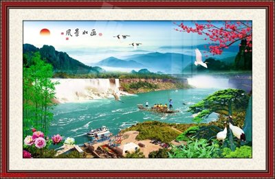 File gốc Tranh sơn thủy thác nước phong thủy ST2682 (in lụa) tranh phong thủy