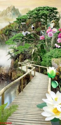 File tranh PSD Tranh sơn thủy thác nước phong thủy ST2690 chất lượng cao