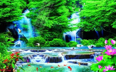 File gốc Tranh sơn thủy thác nước phong thủy ST2700 (in tráng gương) nghệ thuật