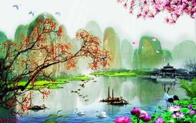 File in trần Tranh sơn thủy thác nước phong thủy ST2704 (bản gốc 3D) sống động
