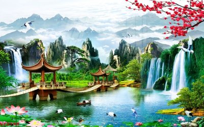 File PSD Tranh sơn thủy thác nước phong thủy ST2743 (gốc) cho designer