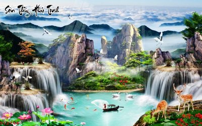 Download file gốc Tranh sơn thủy thác nước phong thủy ST2744 (in lụa) tranh 3D