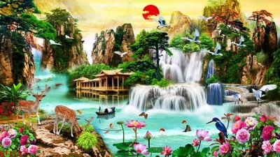 File ảnh Tranh sơn thủy thác nước phong thủy ST2752 (gốc) cho trang trí nhà hàng