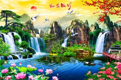File tranh Tranh sơn thủy thác nước phong thủy ST2754 (file gốc) chuẩn màu in