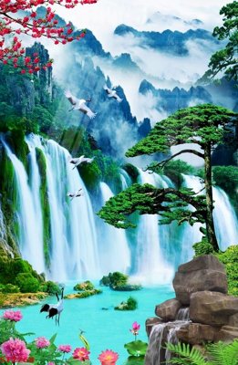 File tranh Tranh sơn thủy thác nước phong thủy ST2768 (bản gốc) in lụa 5D