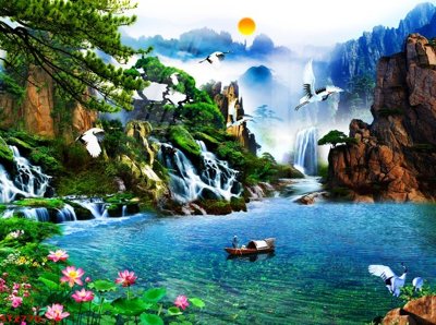 File gốc Tranh sơn thủy thác nước phong thủy ST2770 (in tráng gương) ốp tường