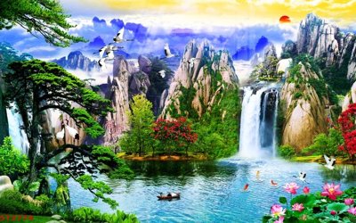 Tải file Tranh sơn thủy thác nước phong thủy ST2774 (PSD) cho in tranh kính